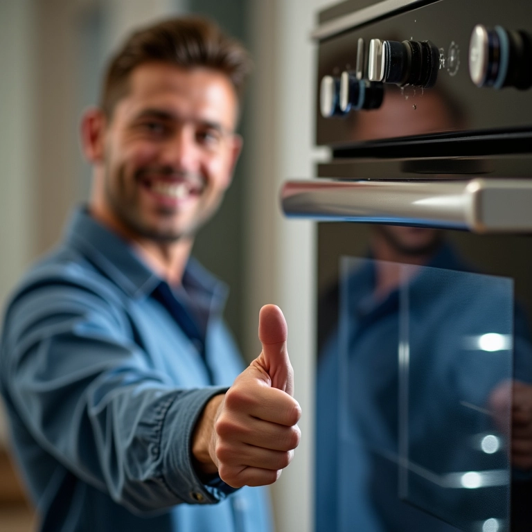 Especialista sorrindo e aprovando a limpeza do forno.