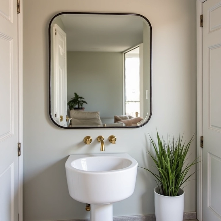 Espelho ampliando lavabo sob escada.