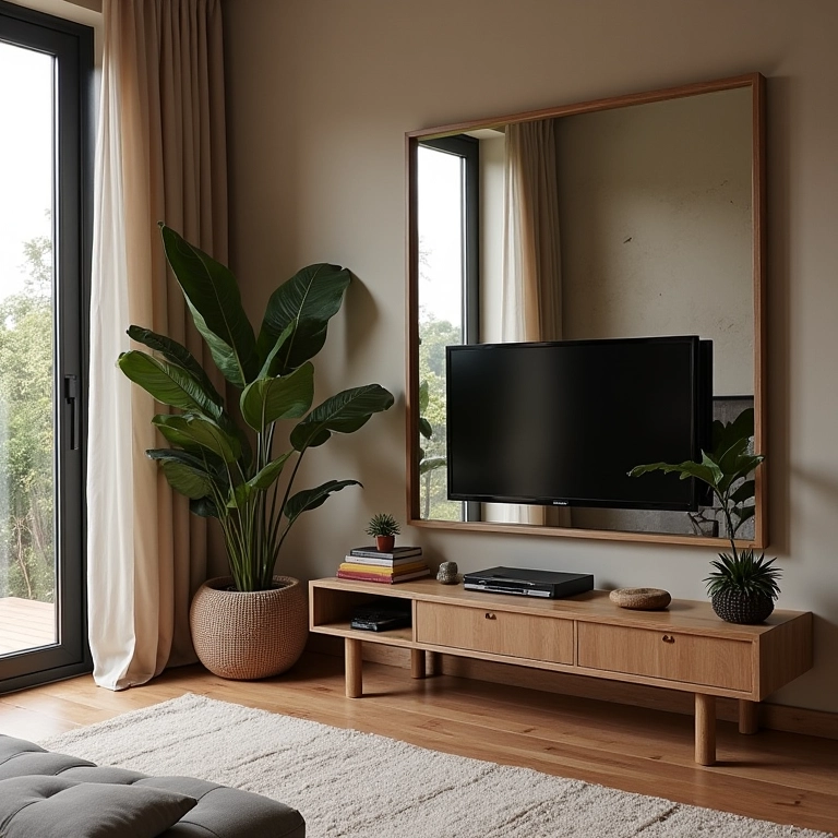 Espelho ampliando o espaço em sala de TV pequena.