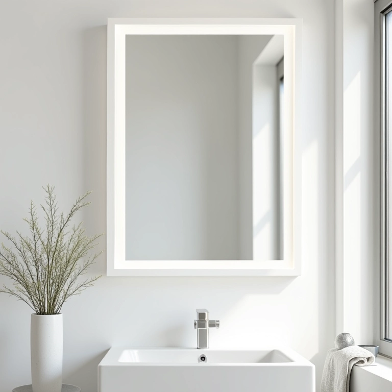 Espelho emoldurado com moldura de EVA branca em banheiro moderno.