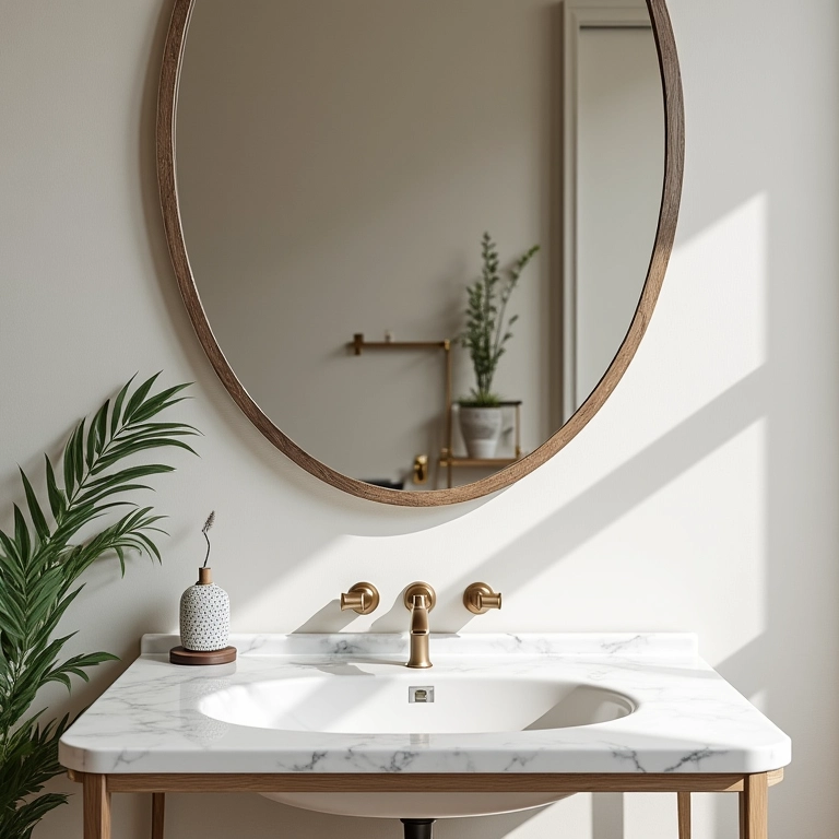 Espelho grande e decorativo em um banheiro estiloso.