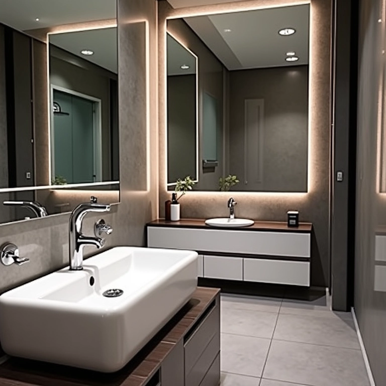 Espelho personalizado refletindo o tema de corrida em um banheiro temático.