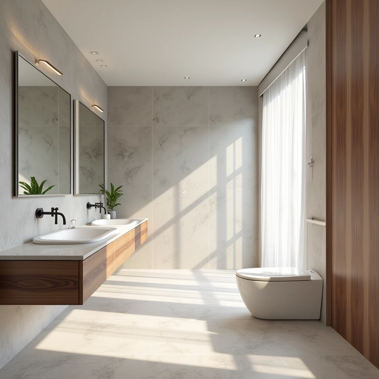 Espelhos ampliando a sensação de espaço em um banheiro.