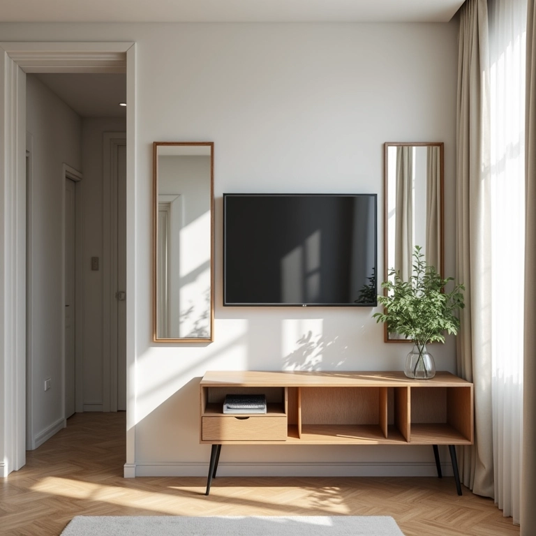 Espelhos ampliando e iluminando uma sala de TV pequena.