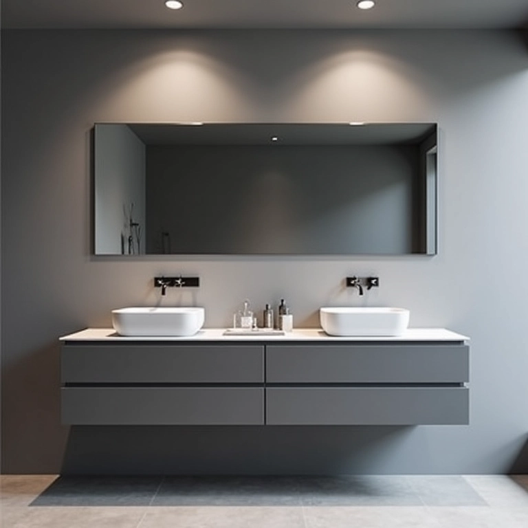 Espelhos grandes ampliando o espaço do banheiro cinza.