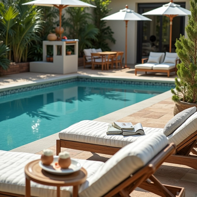 Espreguiçadeiras e móveis confortáveis em área de piscina coberta.