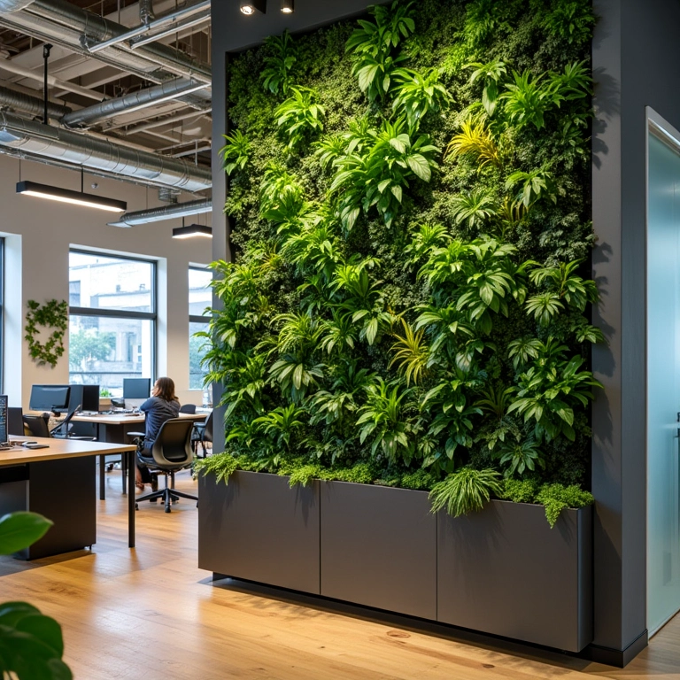 Estética valorizada por jardim vertical em ambiente de escritório.