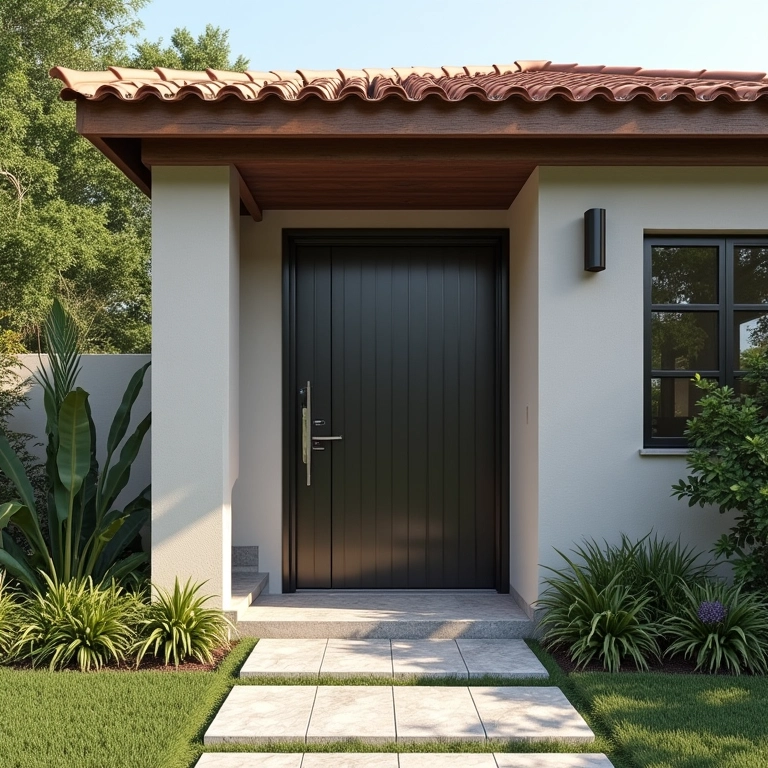 Estilo arquitetônico e porta de aço.