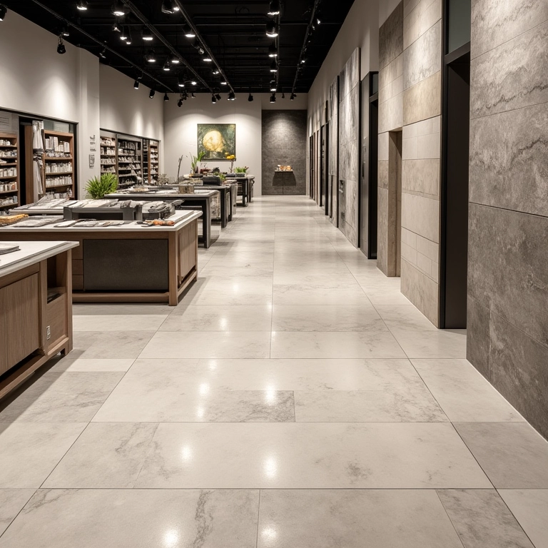 Exposição de porcelanato antiderrapante em loja de materiais de construção.