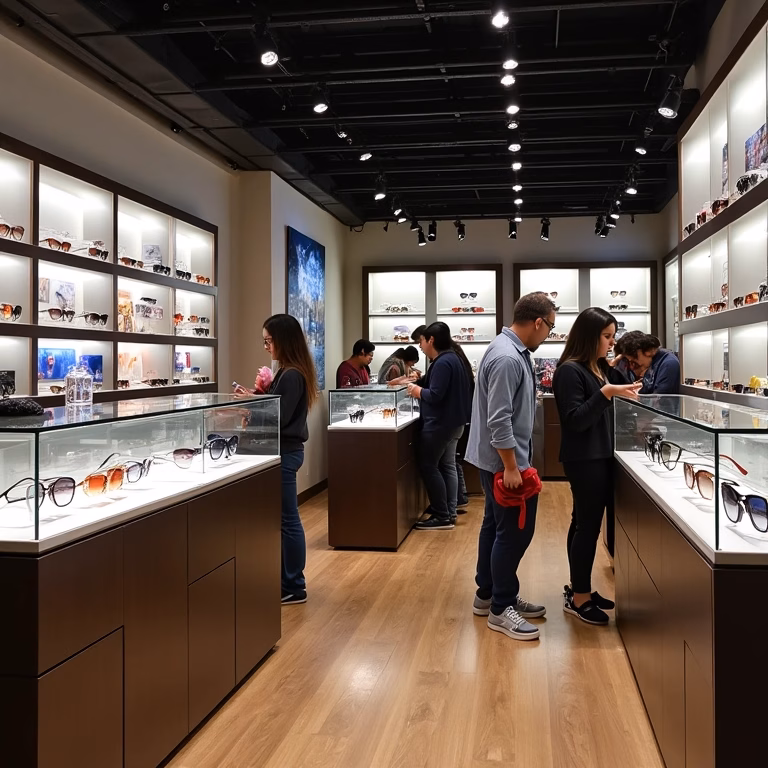 Exposição moderna de óculos em loja com design brasileiro.