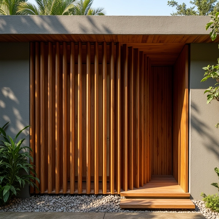 Fachada com brises de madeira e jogo de luz e sombra.