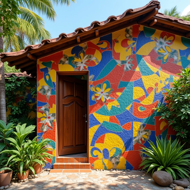 Fachada com mosaico colorido em estilo brasileiro.