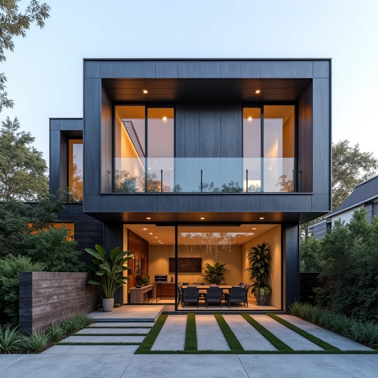 Fachada com painéis metálicos, design inovador e arquitetura moderna.