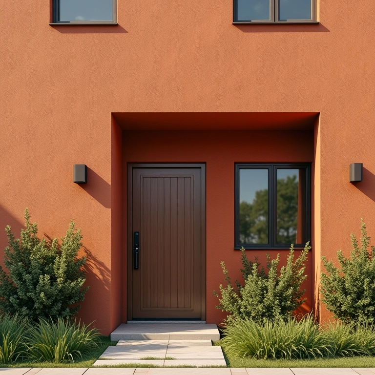 Fachada com pintura texturizada em tons terrosos.