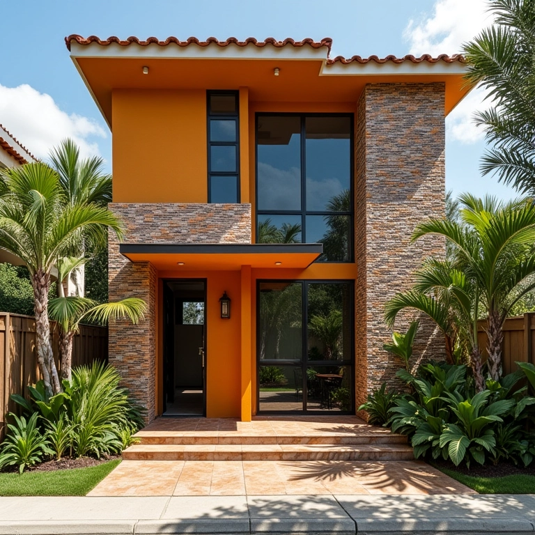 Fachada com revestimento cerâmico em padrões geométricos.