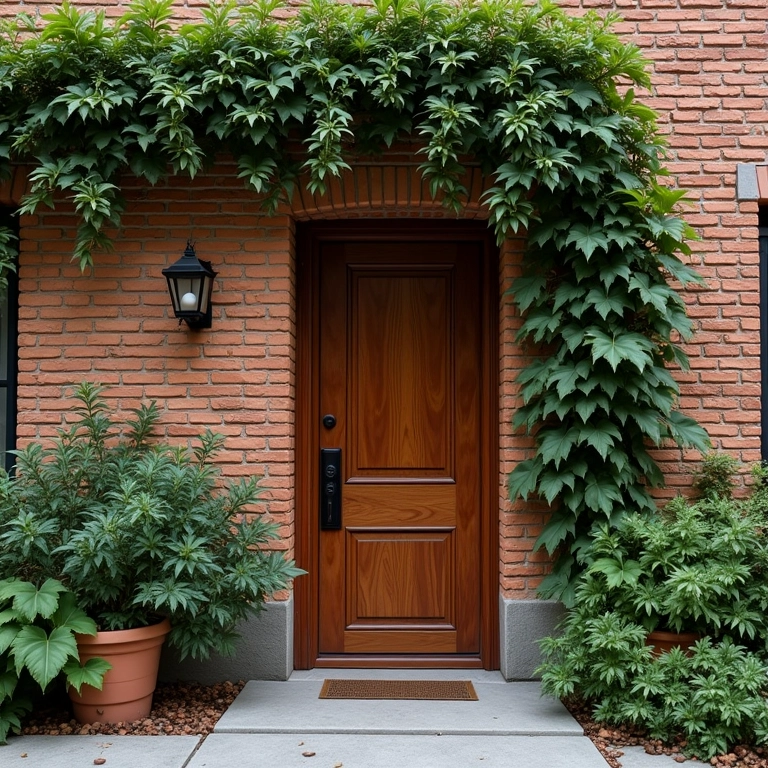 Fachada com tijolinho aparente, estilo rústico e plantas trepadeiras.