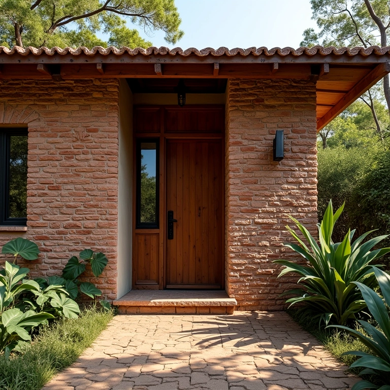 Fachada com tijolinho aparente, estilo rústico.