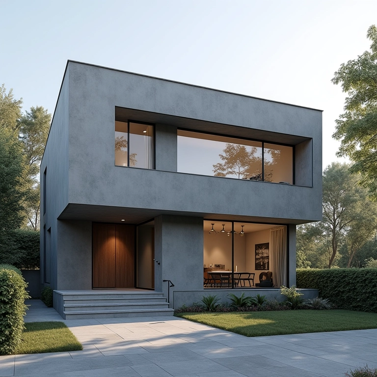 Fachada contemporânea com cimento queimado cinza.