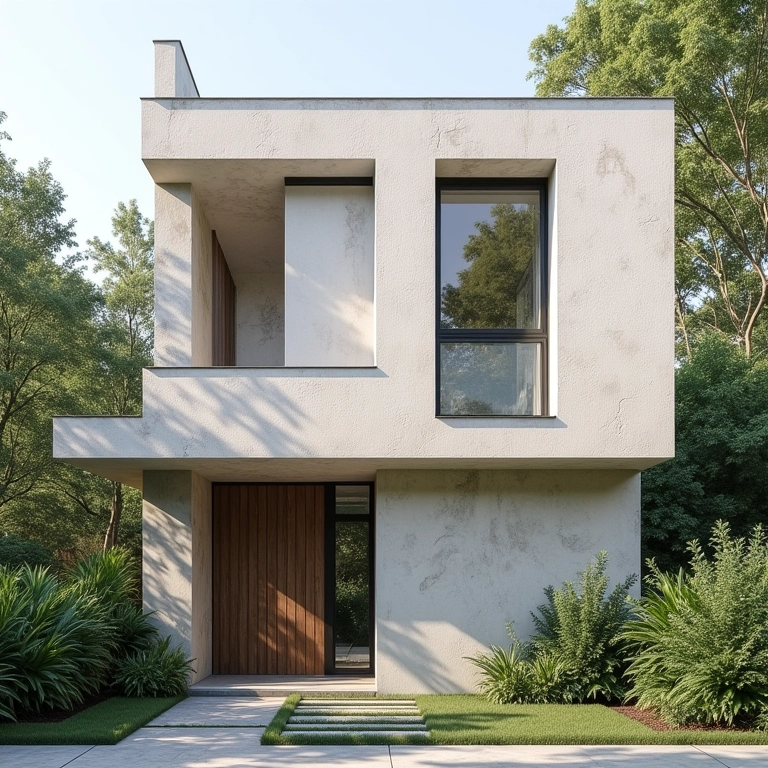 Fachada de casa com parede texturizada em cores neutras e design minimalista.