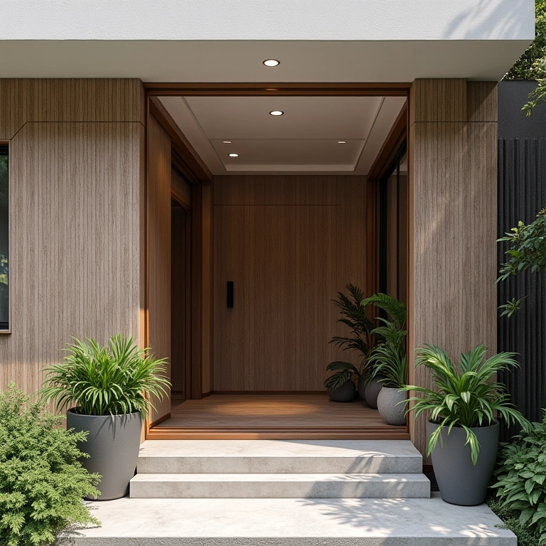 Fachada de casa com revestimento cerâmico que imita a textura da madeira.