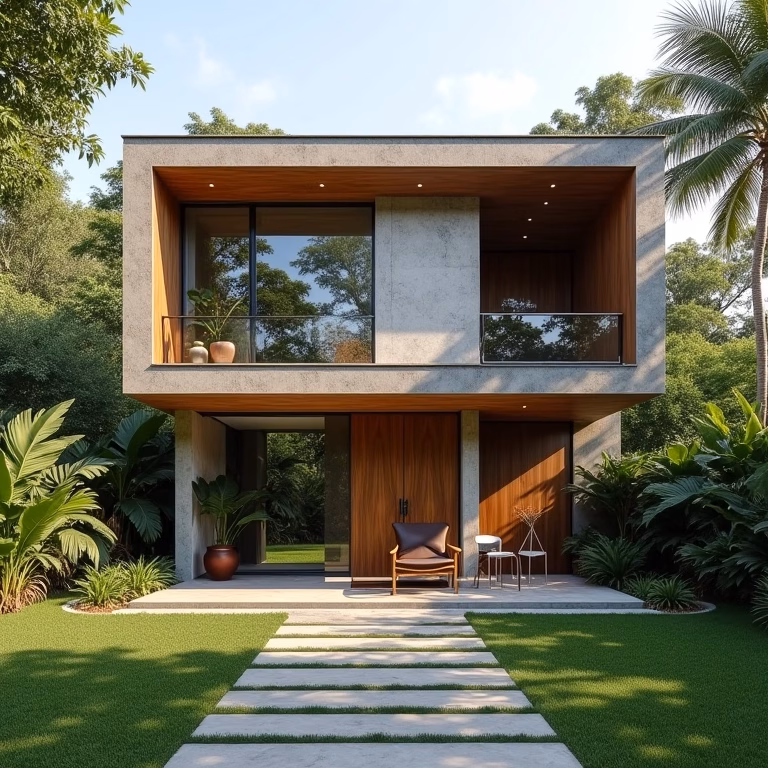 Fachada de casa moderna com diversos acabamentos.