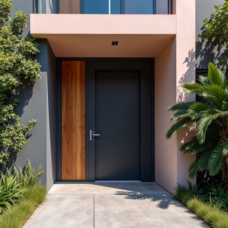 Fachada de casa moderna com porta de aço elegante, destacando segurança e design.