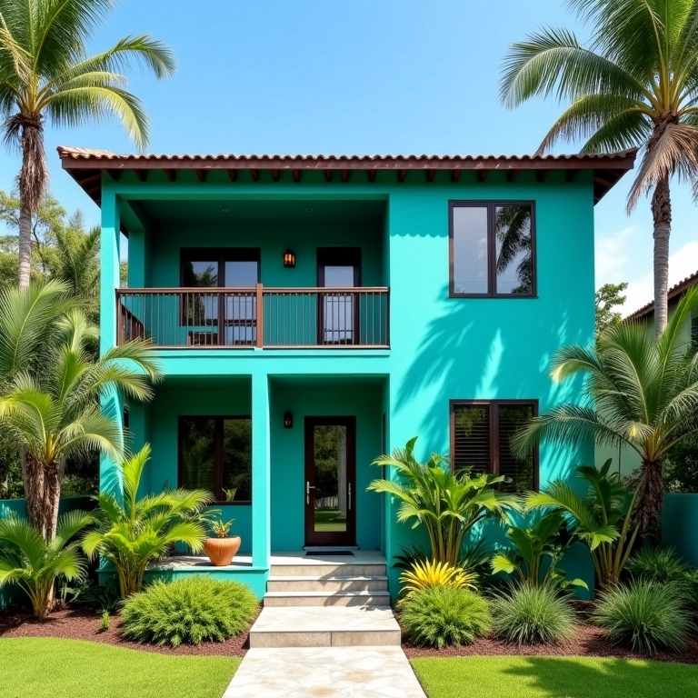 Fachada de casa pintada em um vibrante tom de turquesa, com plantas tropicais.