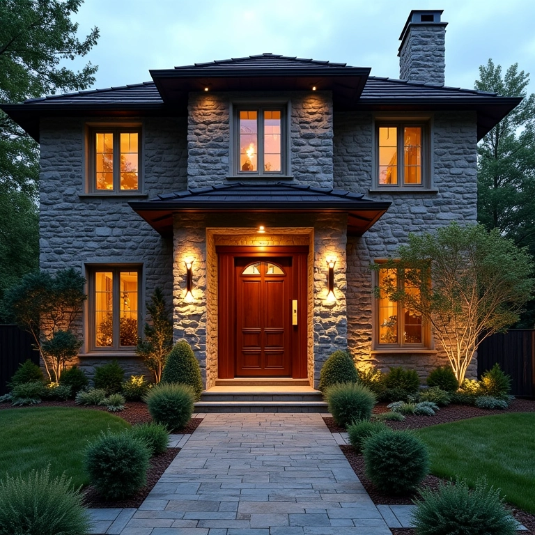 Fachada de casa revestida com pedra natural, design elegante e jardim bem cuidado.