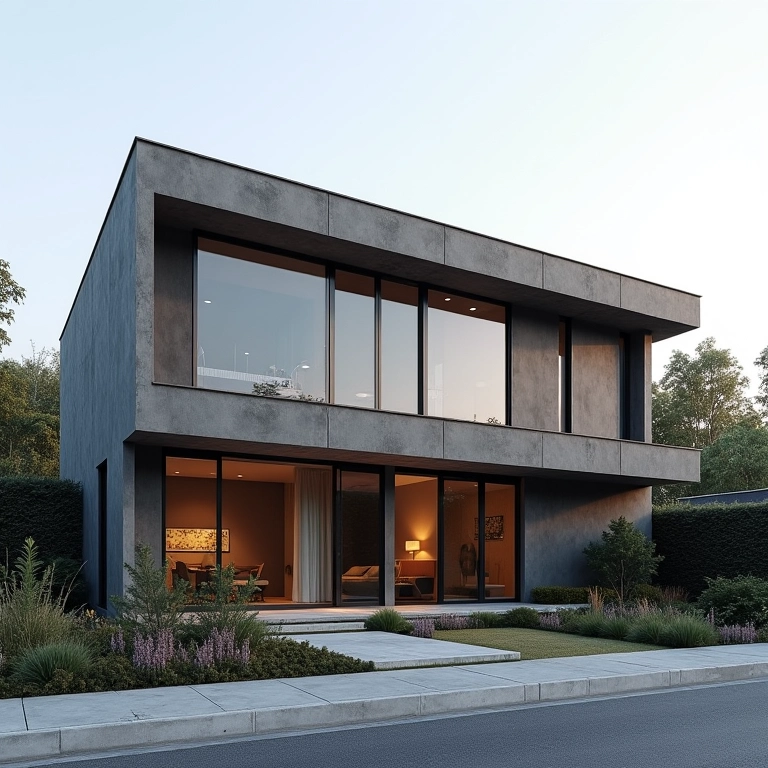 Fachada de cimento queimado, casa moderna e minimalista com design geométrico.