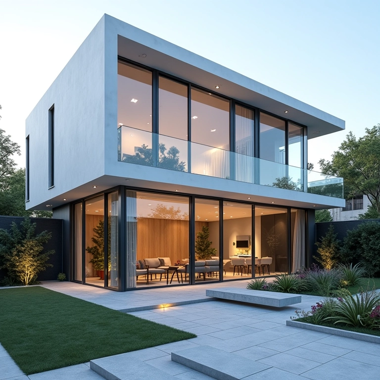 Fachada de vidro, casa iluminada e integrada com design moderno.