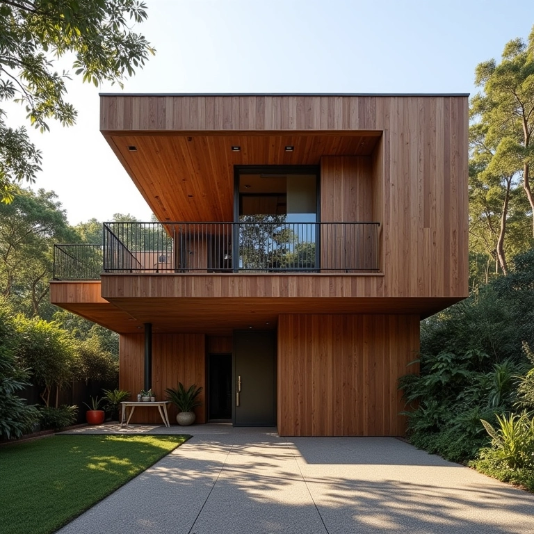 Fachada moderna com acabamento em madeira natural.