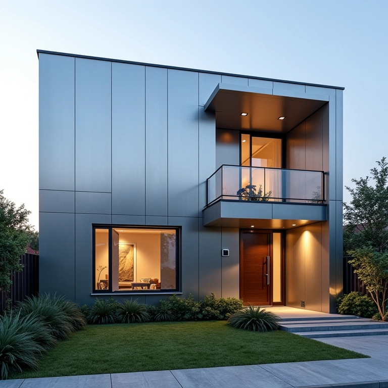 Fachada moderna com painéis metálicos prateados.