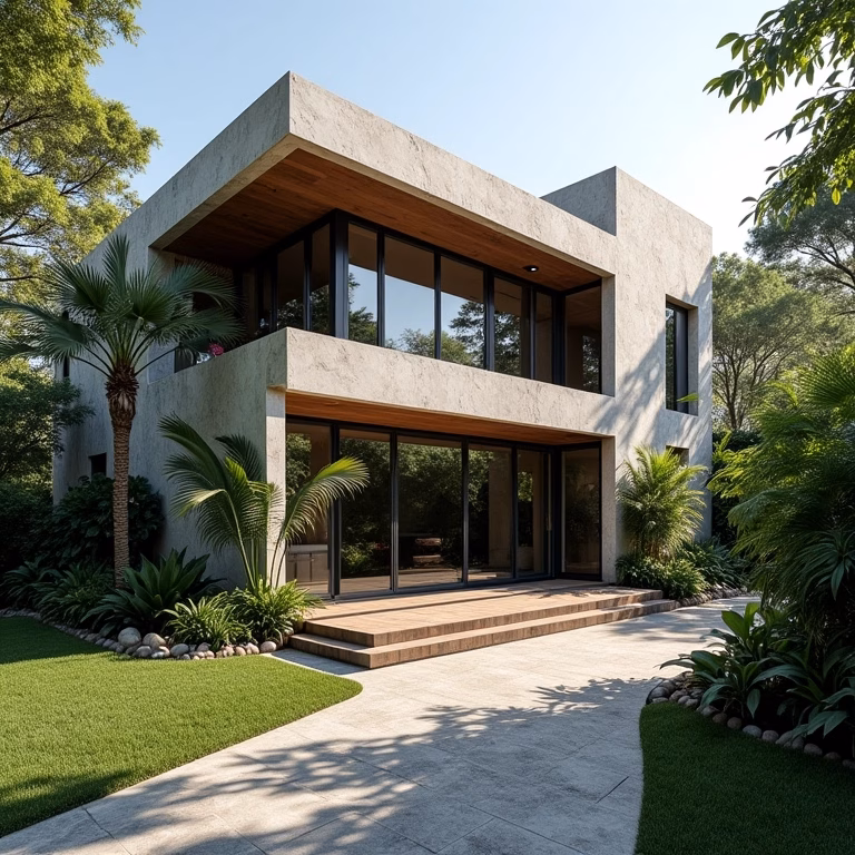 Fachada moderna de casa brasileira com detalhes em pedra natural e jardim tropical exuberante.
