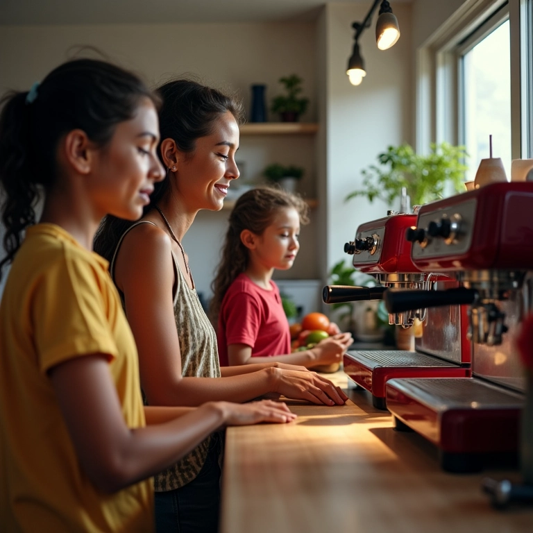 Família brasileira em uma cozinha bem iluminada, utilizando diferentes cafeteiras expresso.