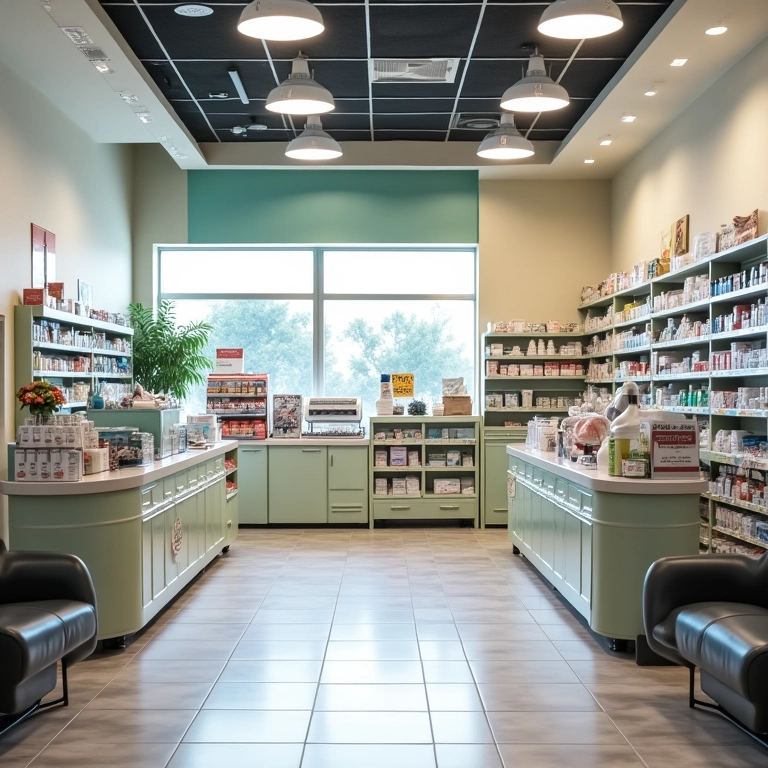 Farmácia com zonas estratégicas bem definidas para melhor experiência do cliente.