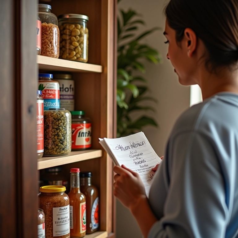 Fazendo um inventário dos alimentos no armário da cozinha.