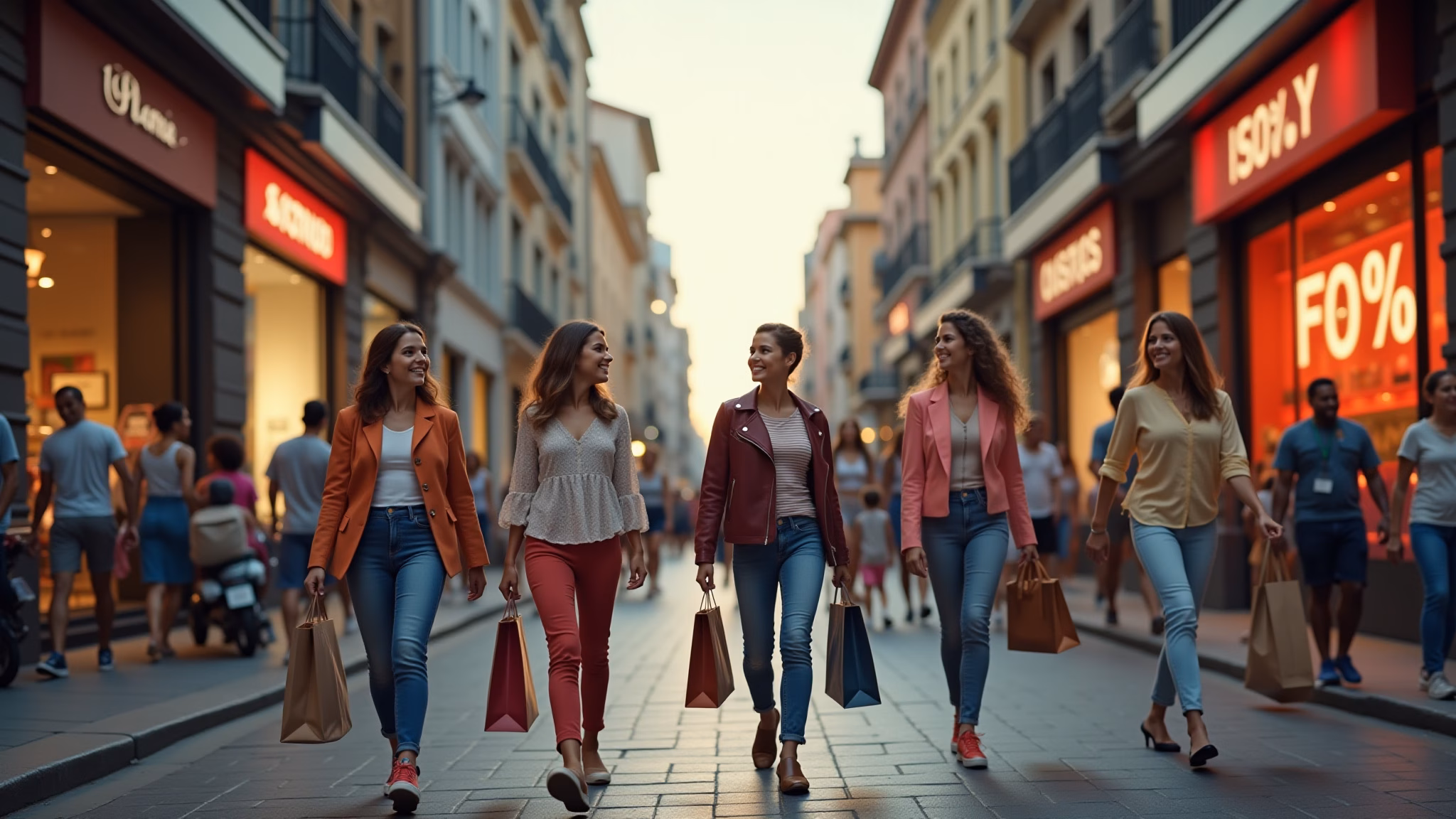 Multidão alegre aproveitando descontos da Black Friday no Brasil.
