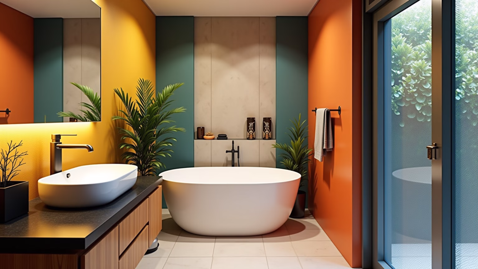 Banheiro de apartamento pequeno com decoração otimizada e vibrante.