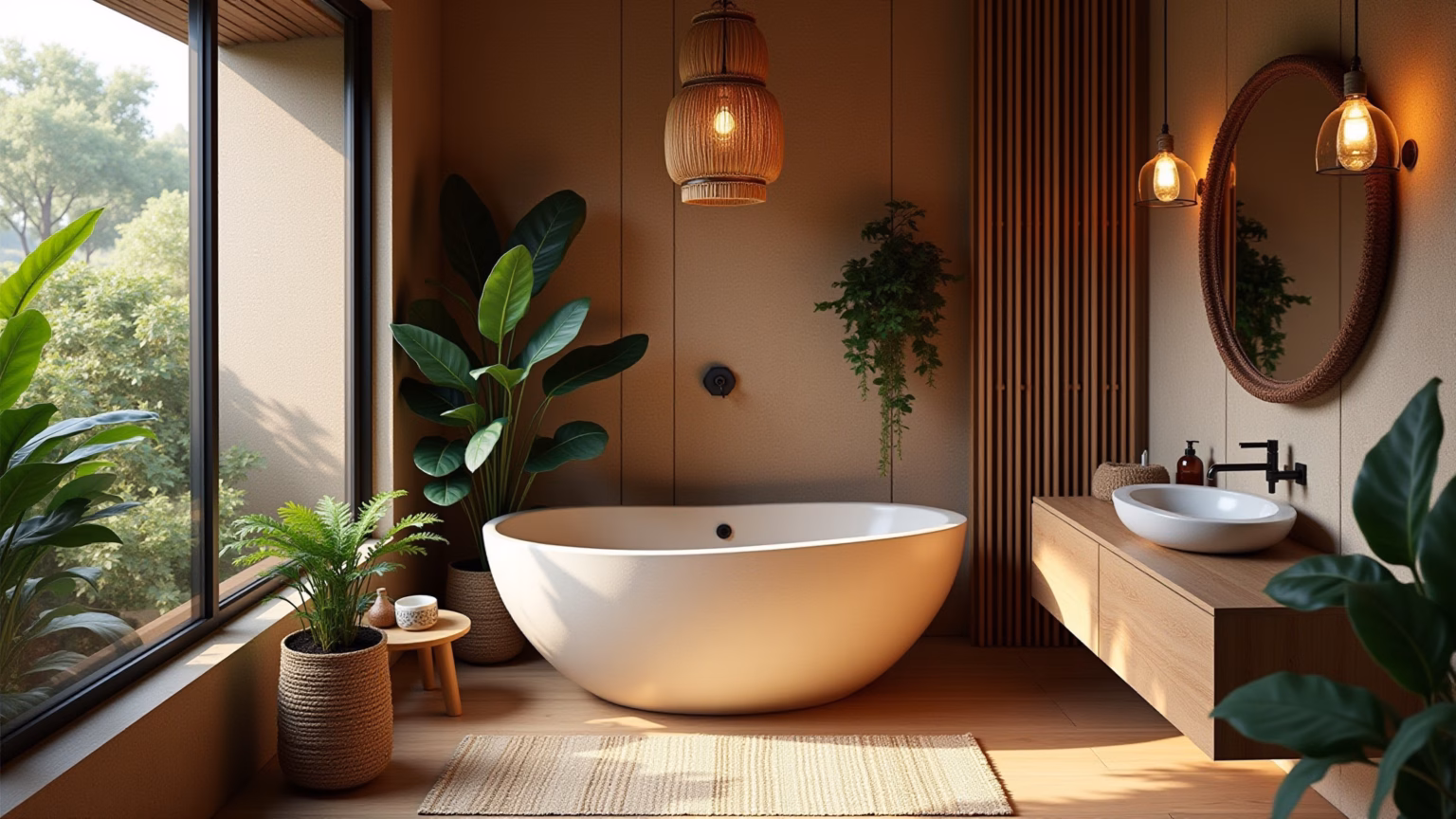 Banheiro artesanal vibrante com decoração única e materiais naturais.