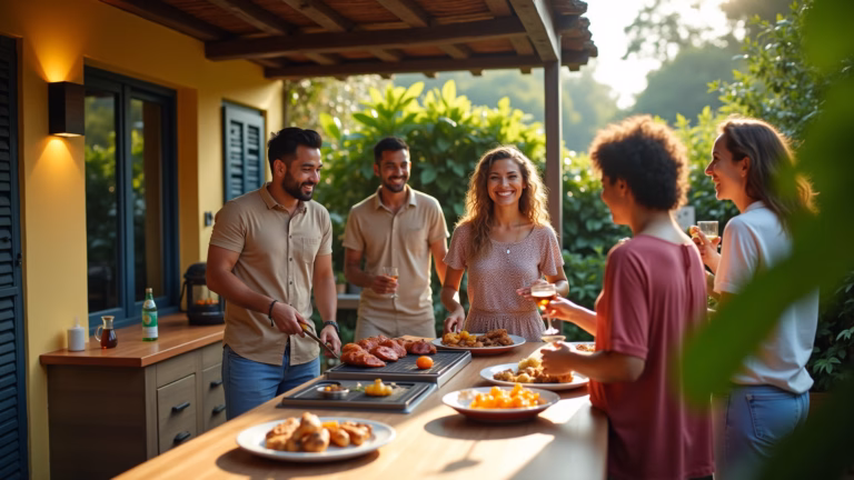 Cozinha externa vibrante com churrasqueira moderna e amigos celebrando.
