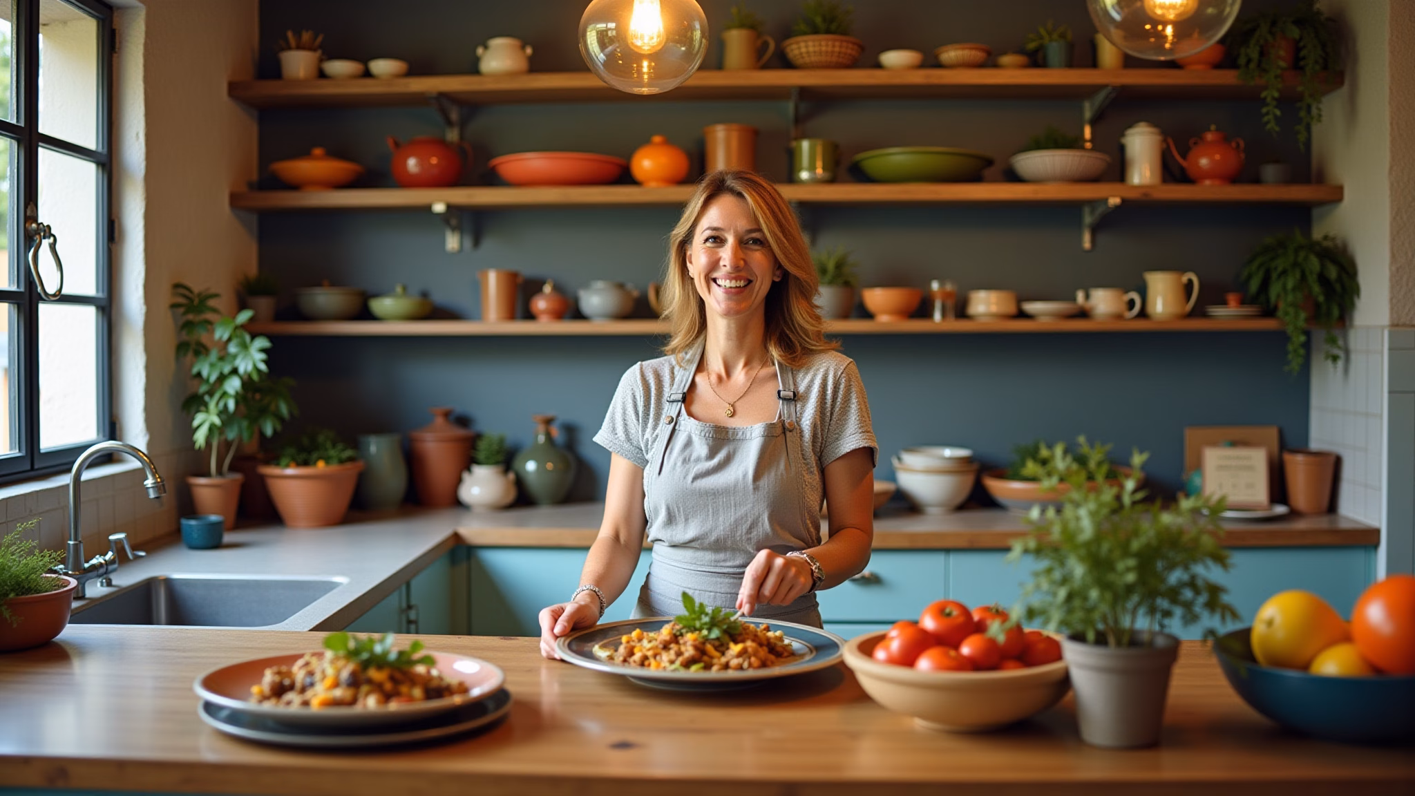 Cozinha brasileira vibrante transformada em área gourmet.