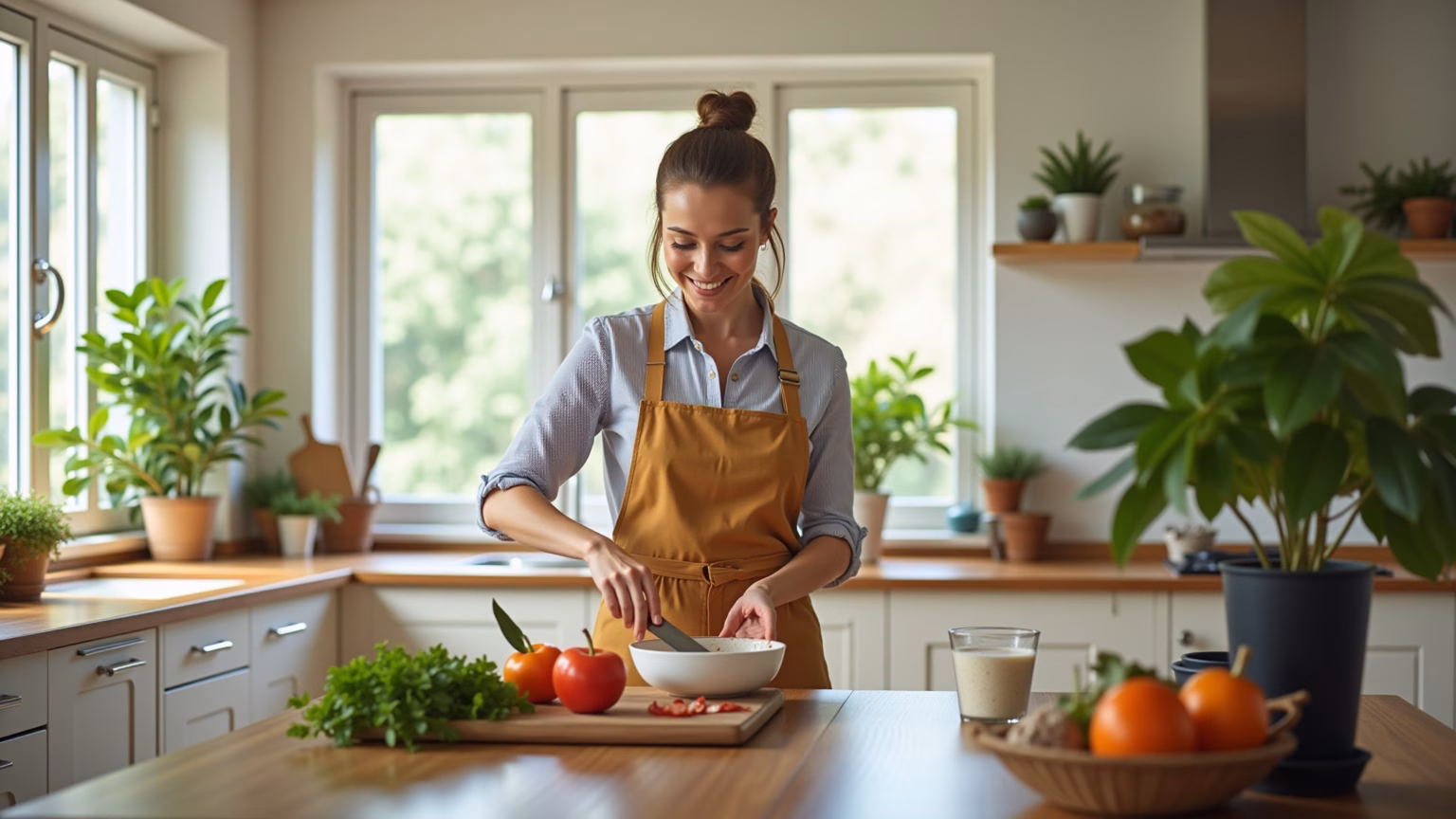 Cozinha brasileira arejada com iluminação natural e decoração vibrante.