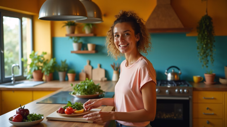 Cozinha estética brasileira vibrante e iluminada com decoração Farm Rio.