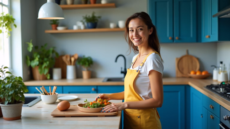 Cozinha moderna e vibrante com decoração azul e toques brasileiros.