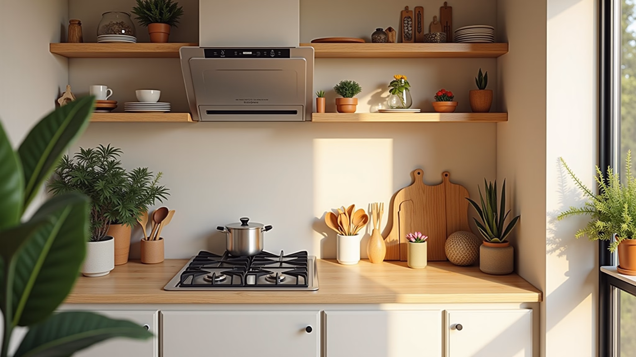 Cozinha bege moderna com detalhes em madeira e utensílios coloridos.