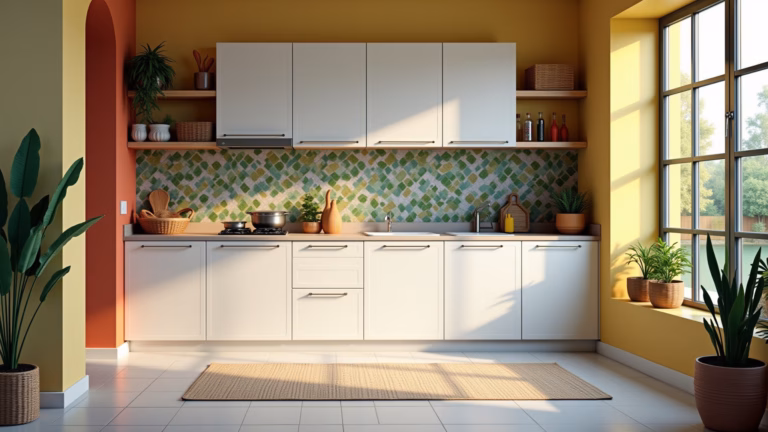 Cozinha branca decorada com detalhes coloridos e vibrantes.