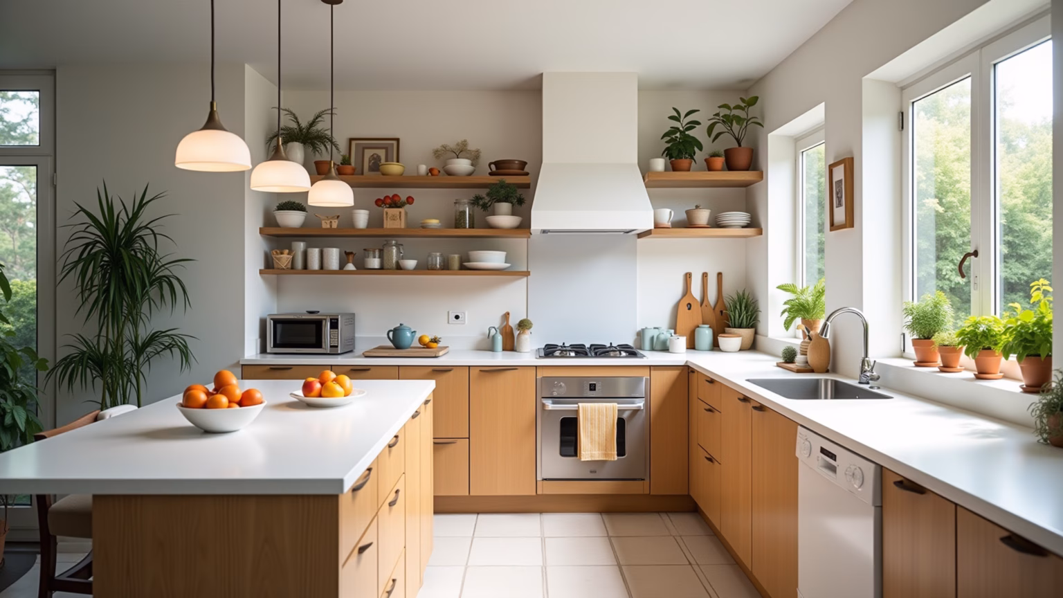 Cozinha branca moderna com detalhes em madeira e decoração brasileira.