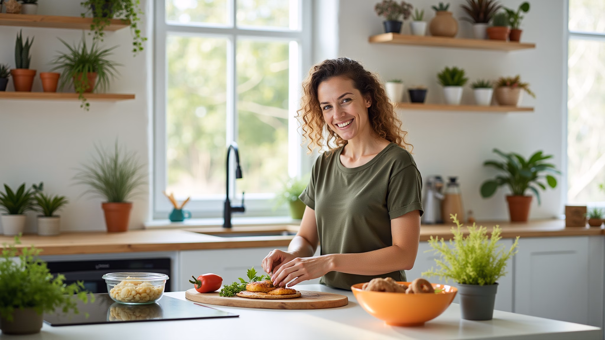 Cozinha branca moderna com decoração brasileira vibrante e plantas.