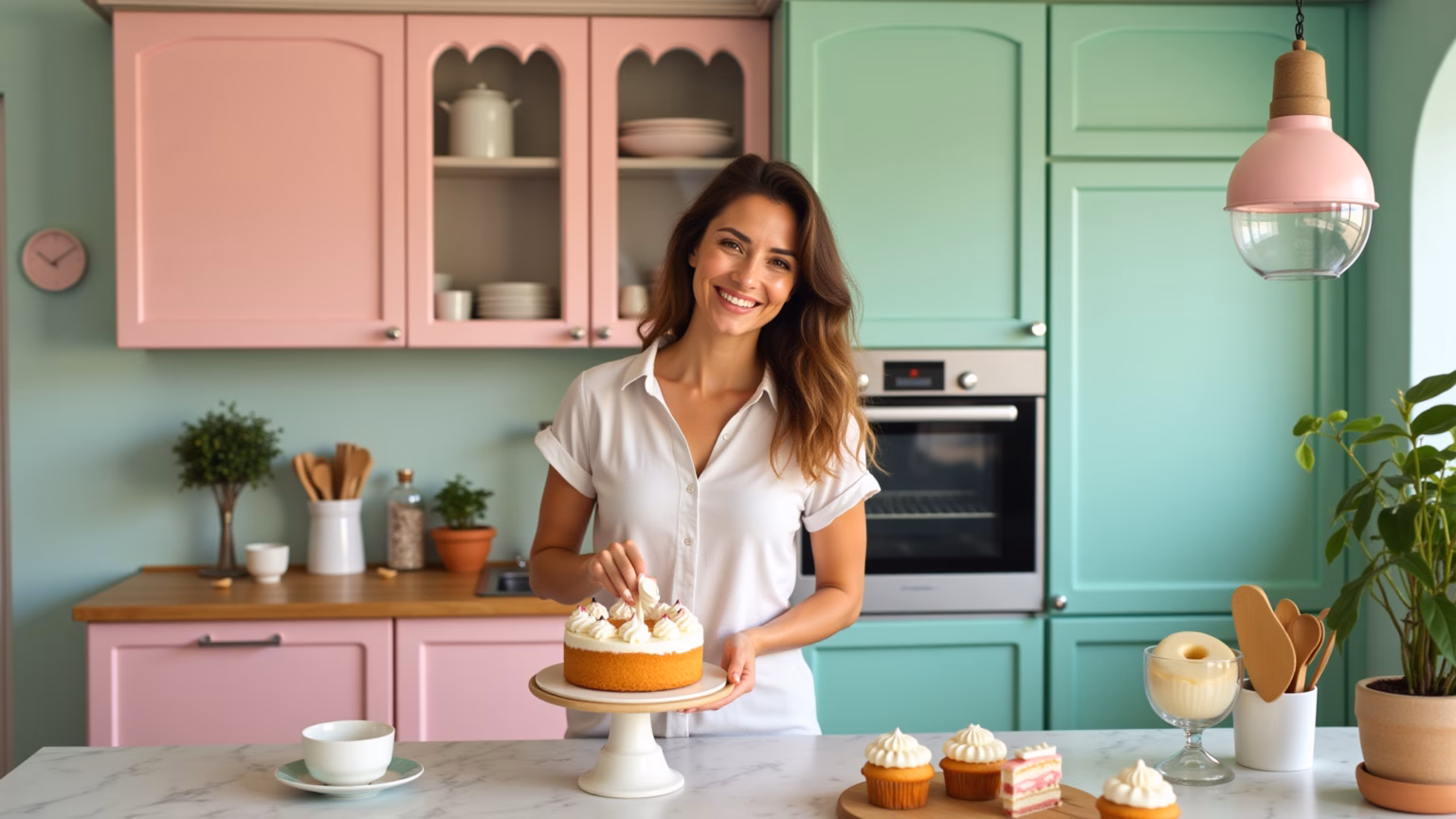 Cozinha alegre em estilo candy color com armários rosa pastel e eletrodomésticos verde menta.