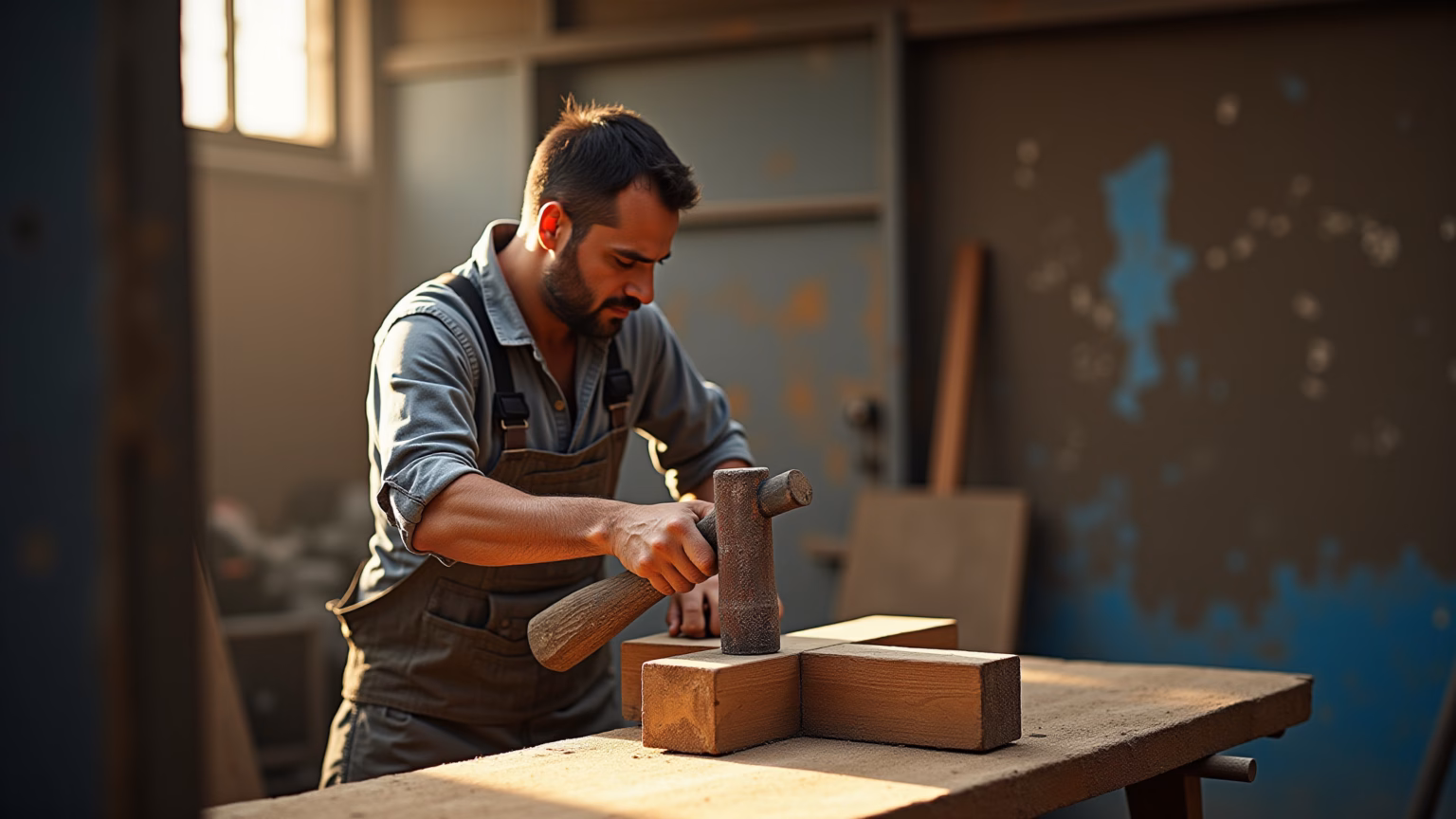 Homem desempenando portão de metal torto com macete e madeira.